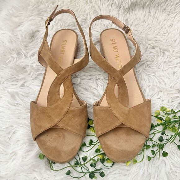 Stuart Weitzman Shalena 25 Suede Low‎ Heel Slingback Sandals Nude Size 9 B - Picture 1 of 9